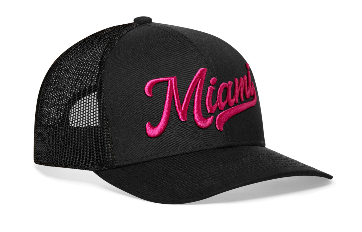 Miami Hot Pink Script Trucker Hat  |  Black Florida Snapback
