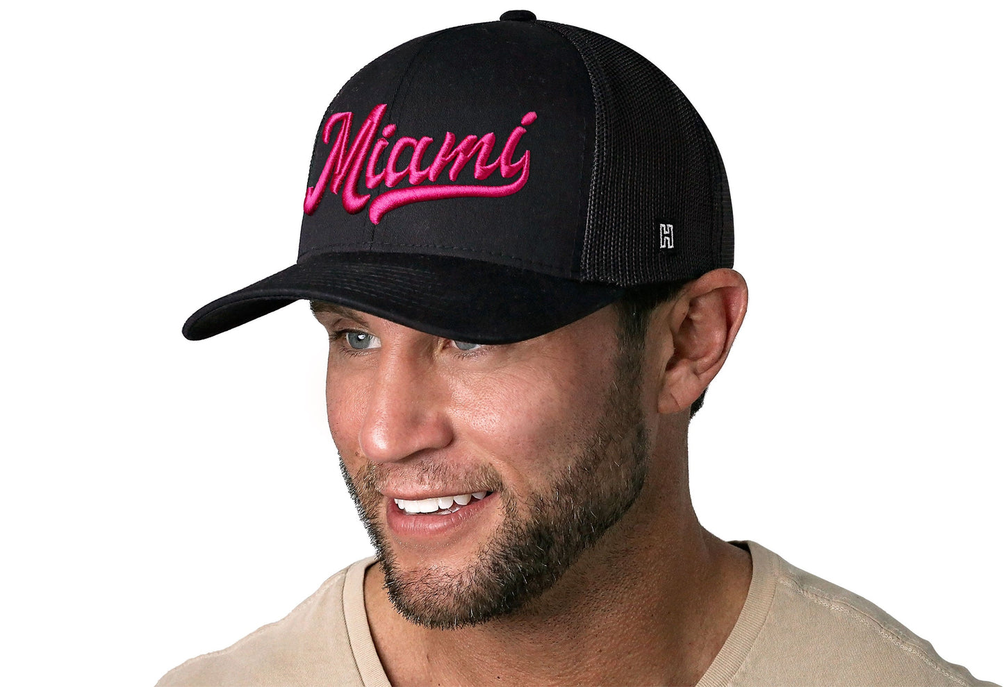 Miami Hot Pink Script Trucker Hat  |  Black Florida Snapback