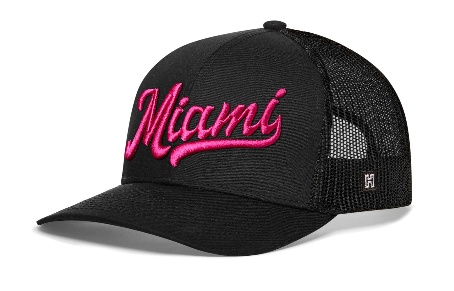 Miami Hot Pink Script Trucker Hat  |  Black Florida Snapback