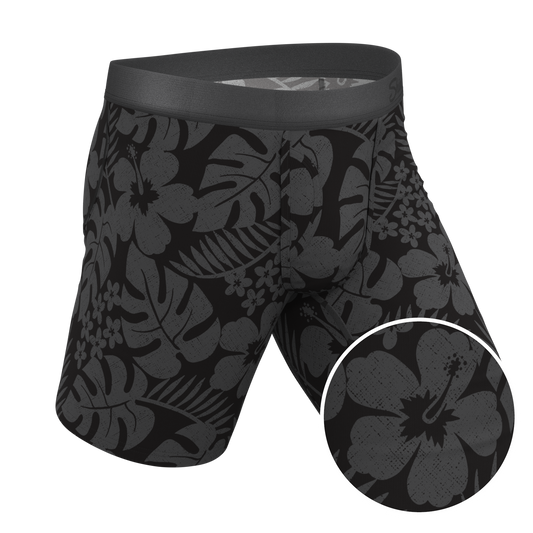 The Midnight Flora | Black Tonal Tropical Long Leg Ball Hammock® Pouch Underwear With Fly
