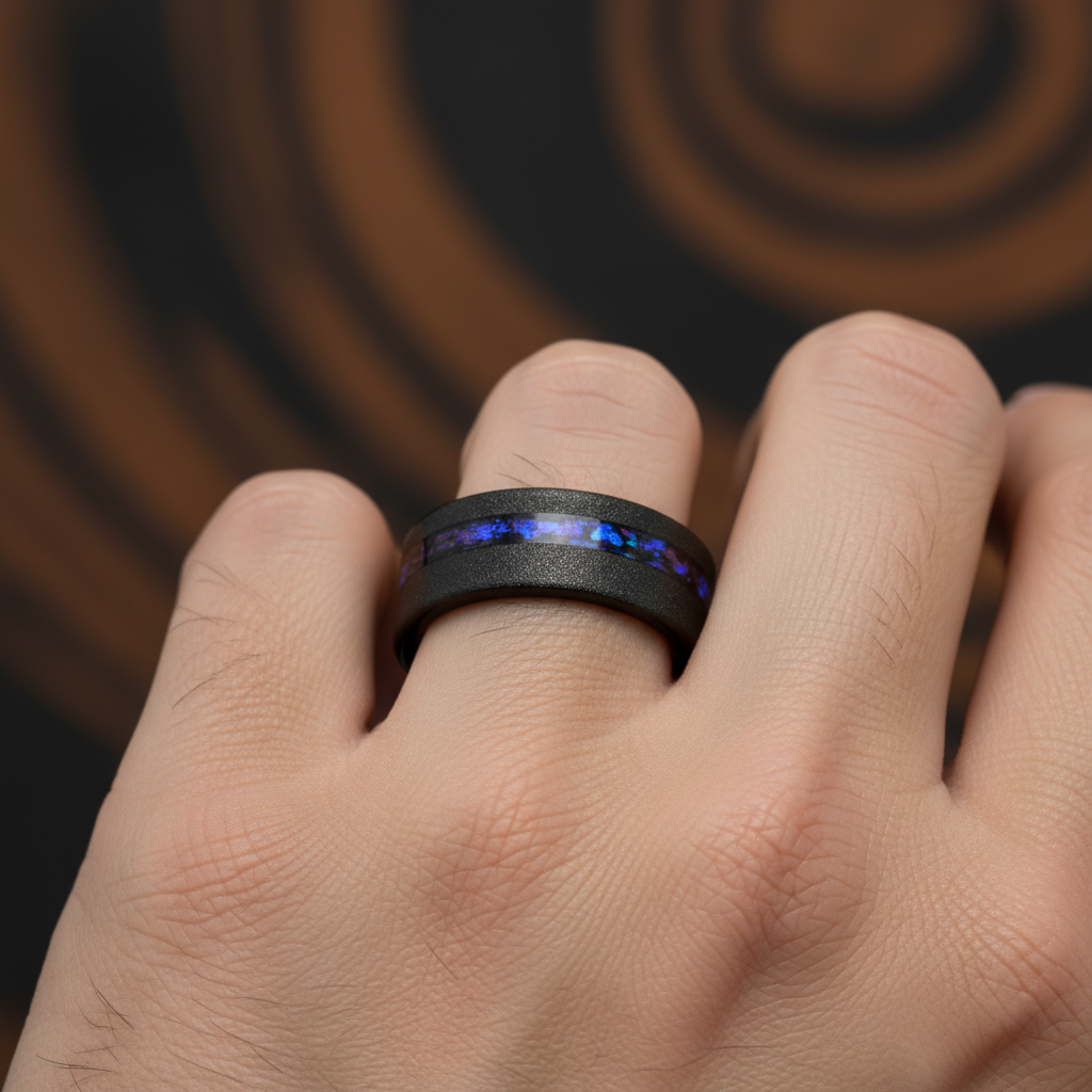 MIRAGE Sandblasted Black Tungsten Ring with Crushed Alexandrite and Dark Blue/Purple Crushed Goldstone – 8mm
