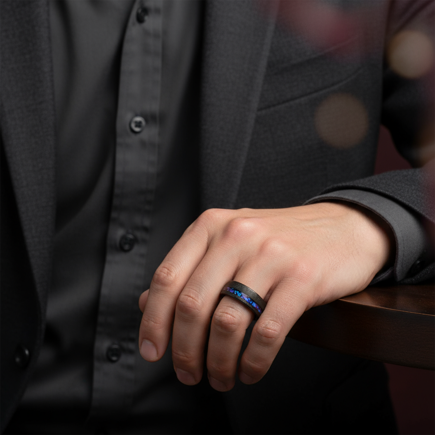 MIRAGE Sandblasted Black Tungsten Ring with Crushed Alexandrite and Dark Blue/Purple Crushed Goldstone – 8mm