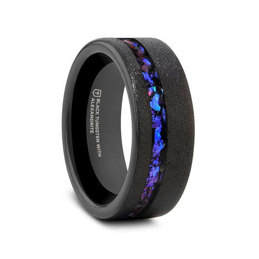 MIRAGE Sandblasted Black Tungsten Ring with Crushed Alexandrite and Dark Blue/Purple Crushed Goldstone – 8mm