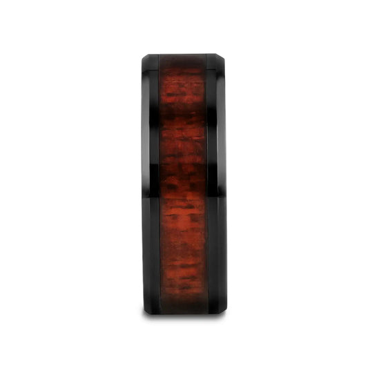 MORADO Purple Heart Wood Inlaid Black Ceramic Ring with Beveled Edges - 8mm