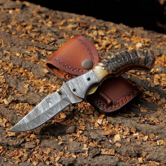 Mountain Majesty - Custom Handcrafted Damascus Steel Folding Pocket Knife with Sheep Horn Handle and Damascus Bolster