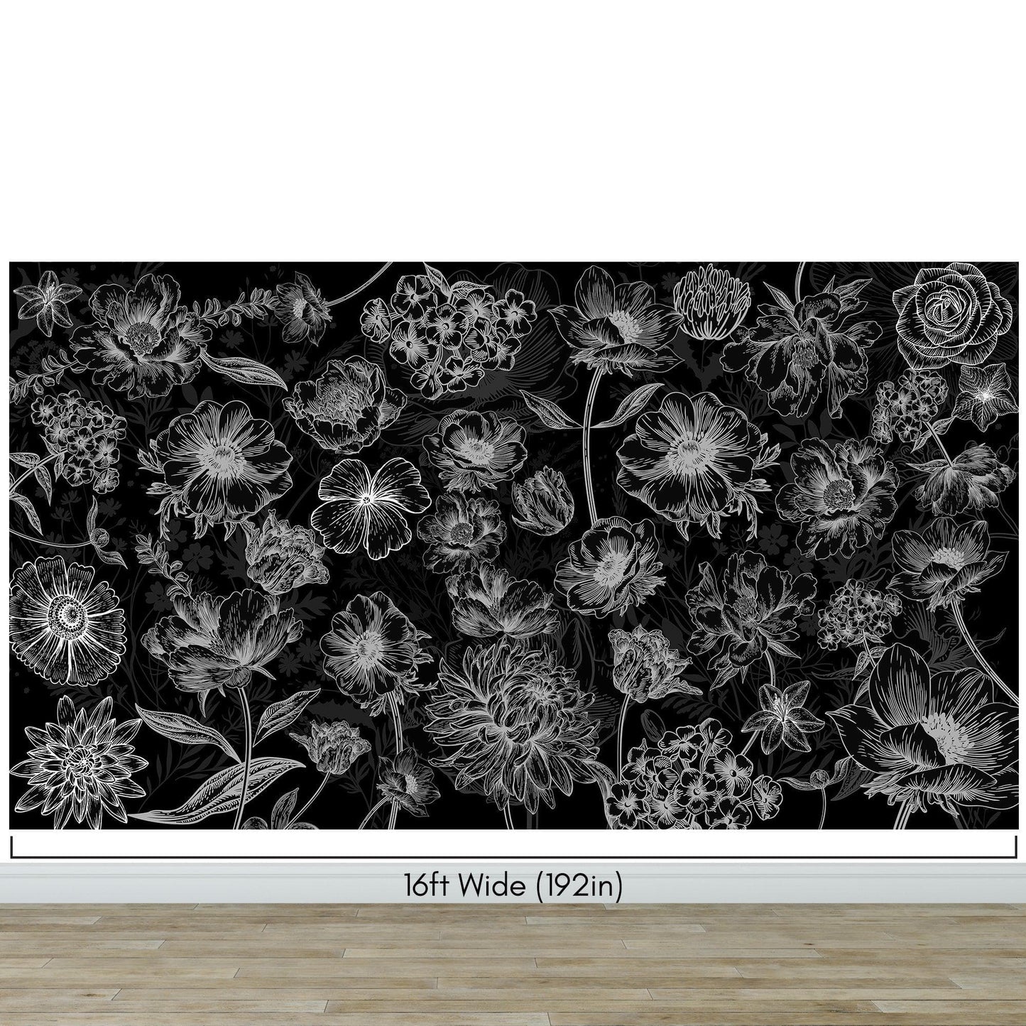 Black Floral Background, Black and White Flower Wallpaper Mural. #6677