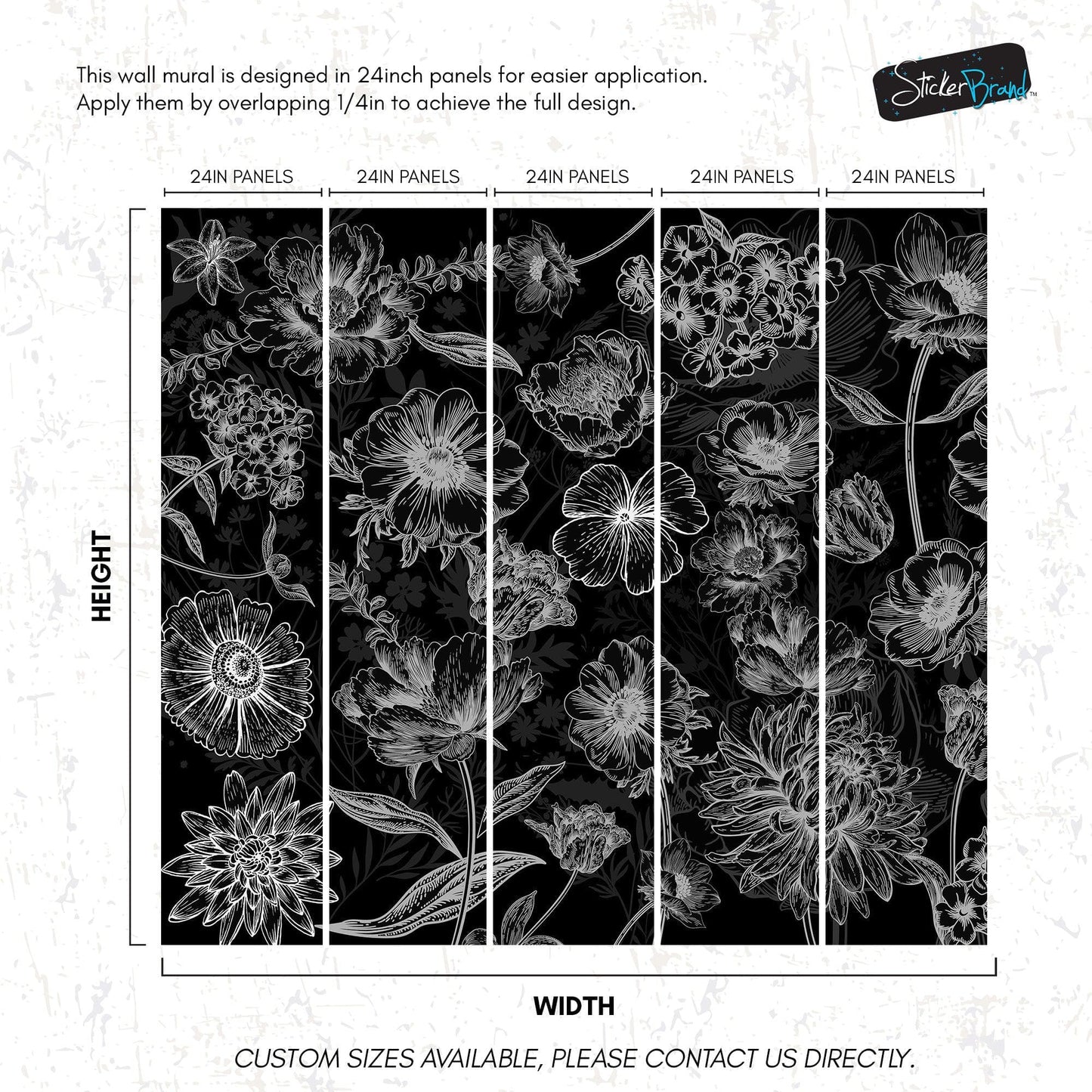 Black Floral Background, Black and White Flower Wallpaper Mural. #6677