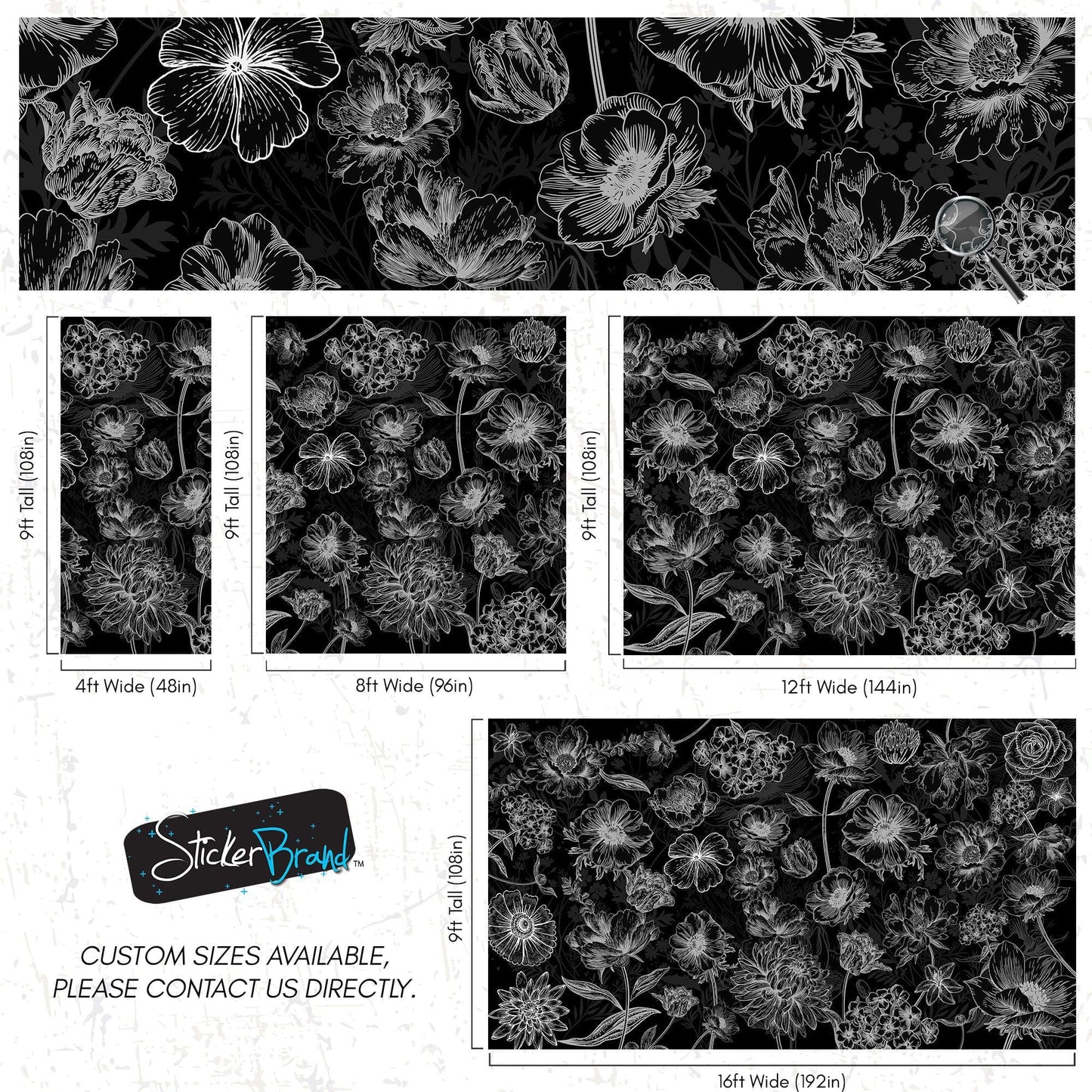 Black Floral Background, Black and White Flower Wallpaper Mural. #6677