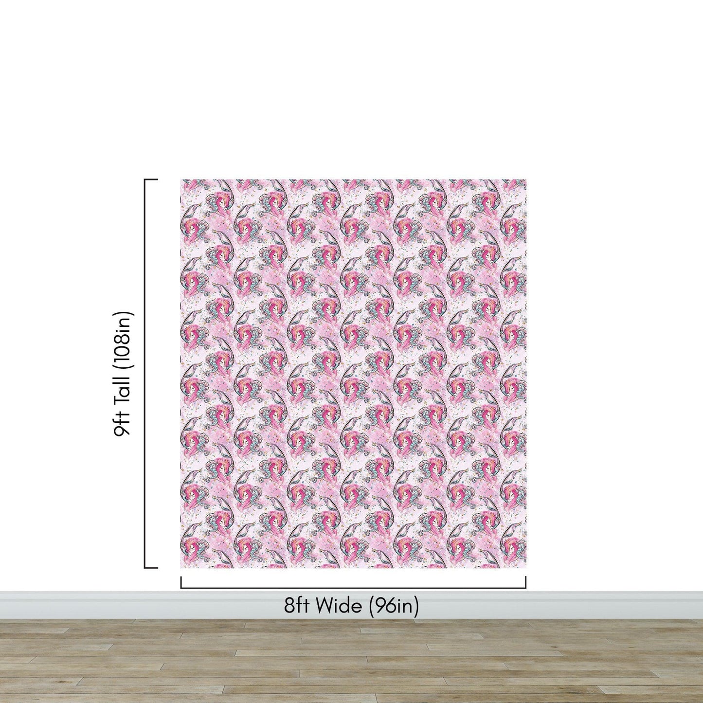 Pink Mermaid Wall Mural. Magical Cute Mermaid and Seahorse in Ocean Peel and Stick Wallpaper. #6371