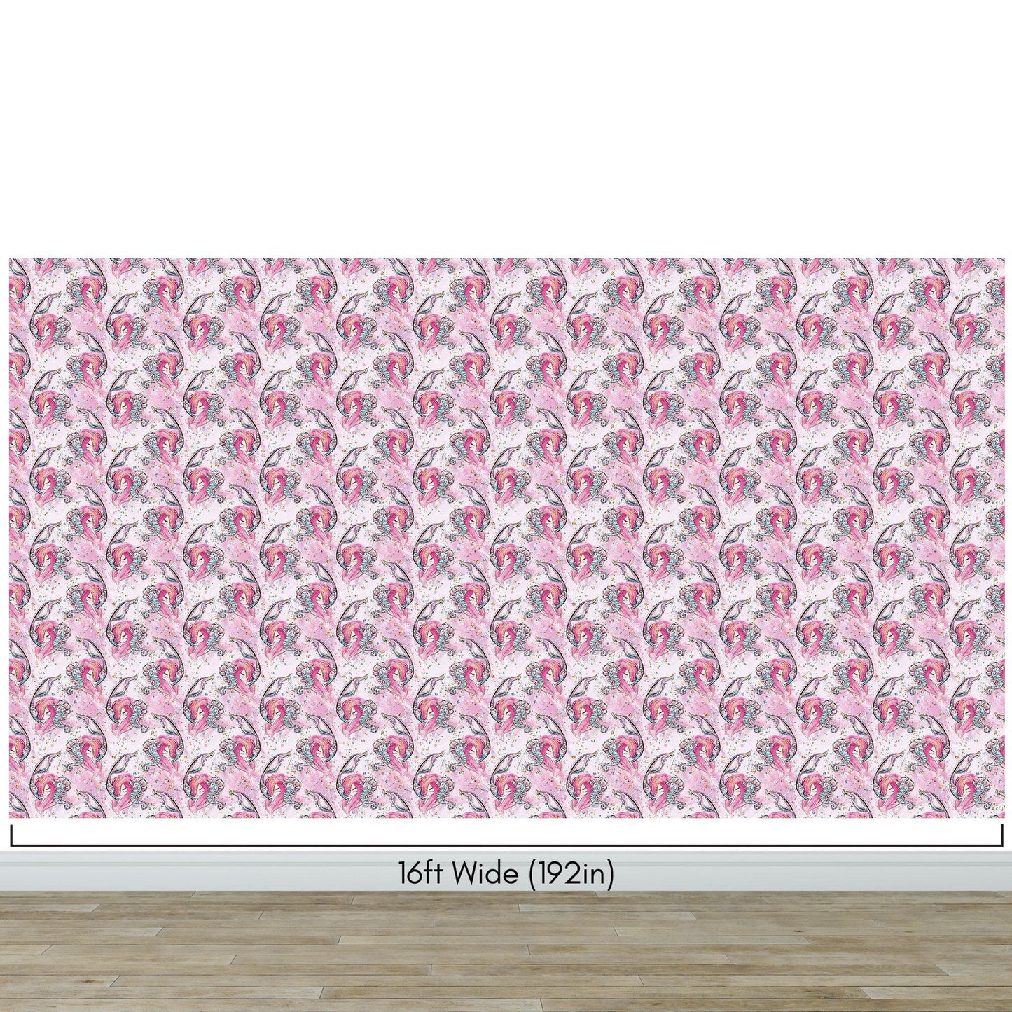 Pink Mermaid Wall Mural. Magical Cute Mermaid and Seahorse in Ocean Peel and Stick Wallpaper. #6371