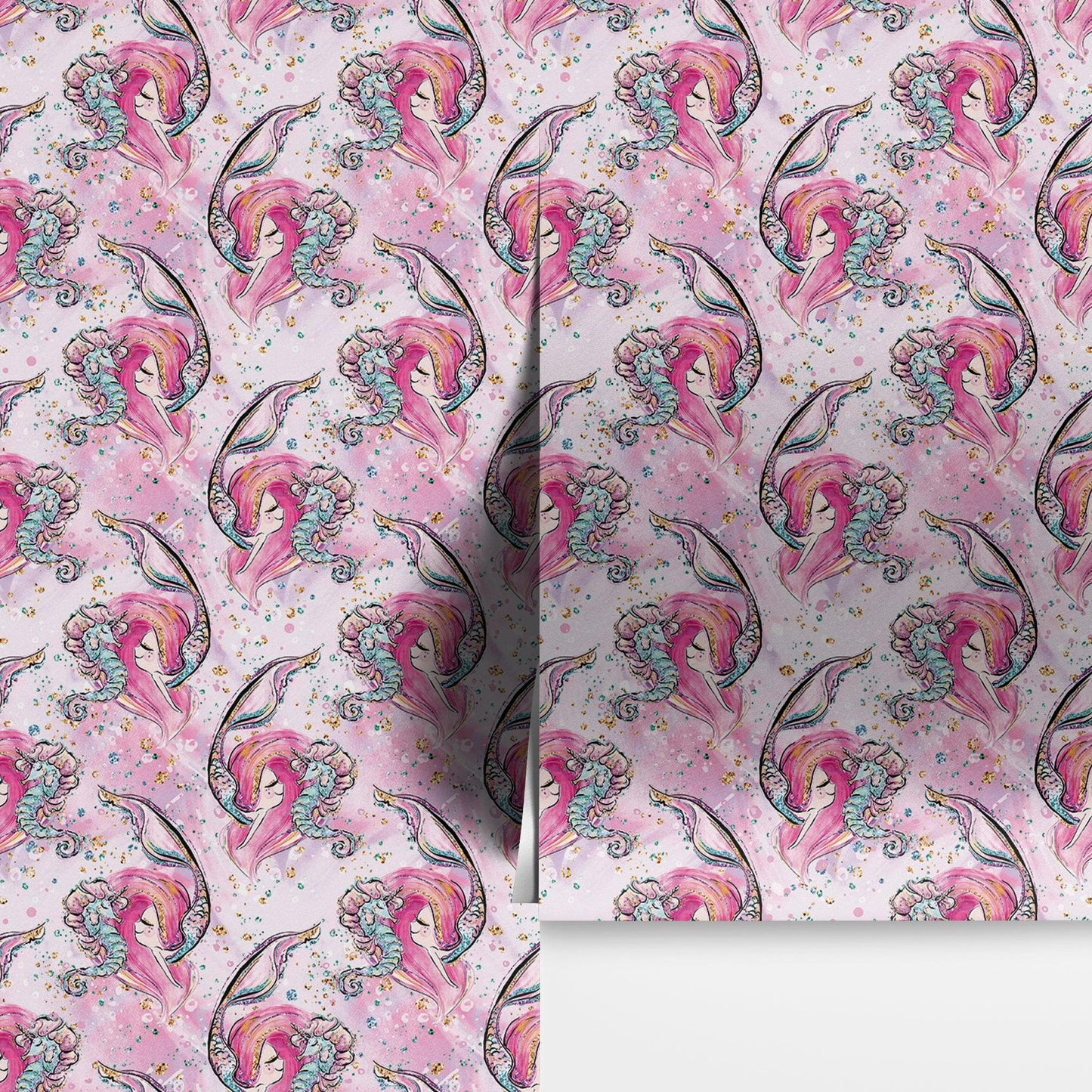 Pink Mermaid Wall Mural. Magical Cute Mermaid and Seahorse in Ocean Peel and Stick Wallpaper. #6371