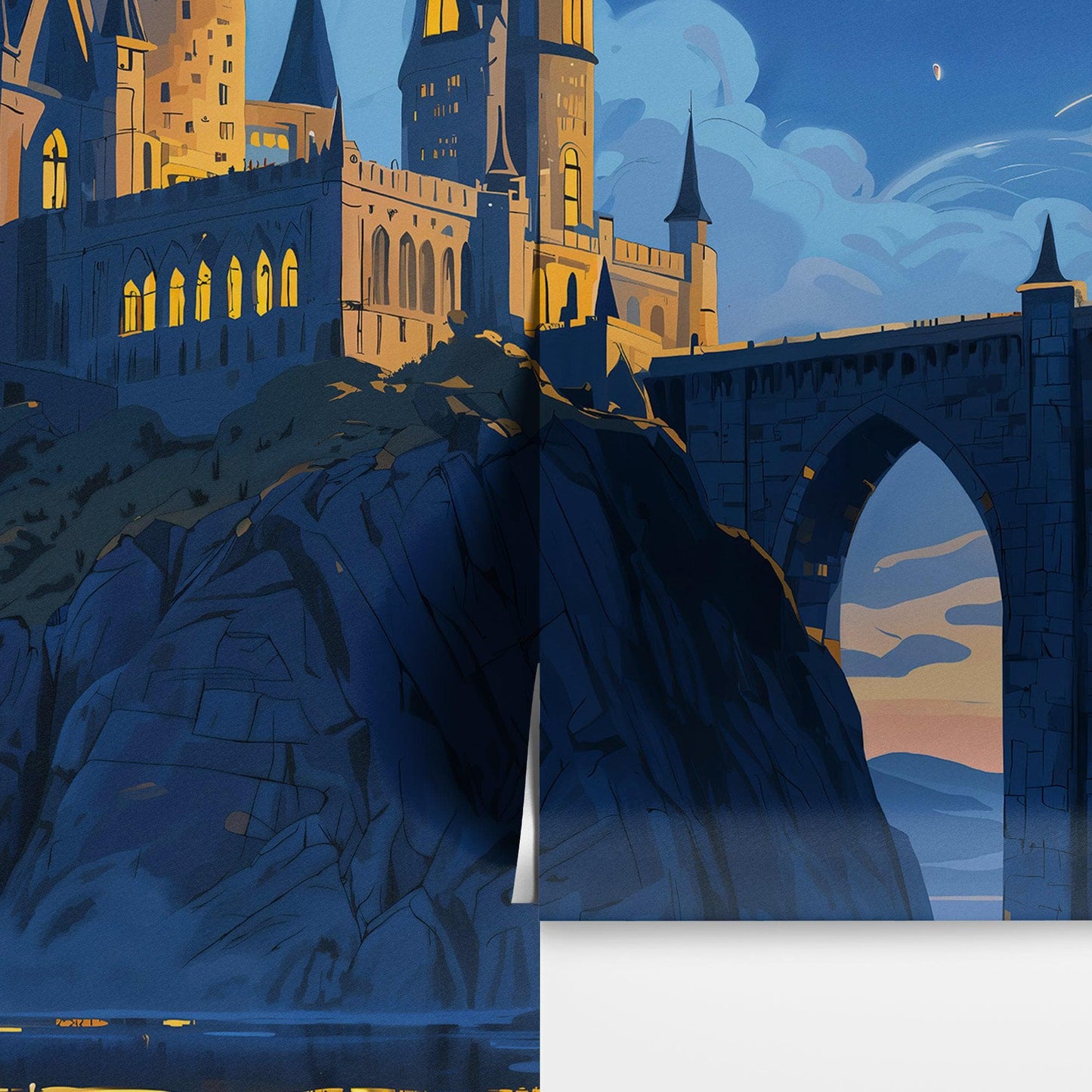 Magical Hogwarts Castle Twilight Wallpaper Mural. Wizardly World Fantasy Theme Wall Art. #6985