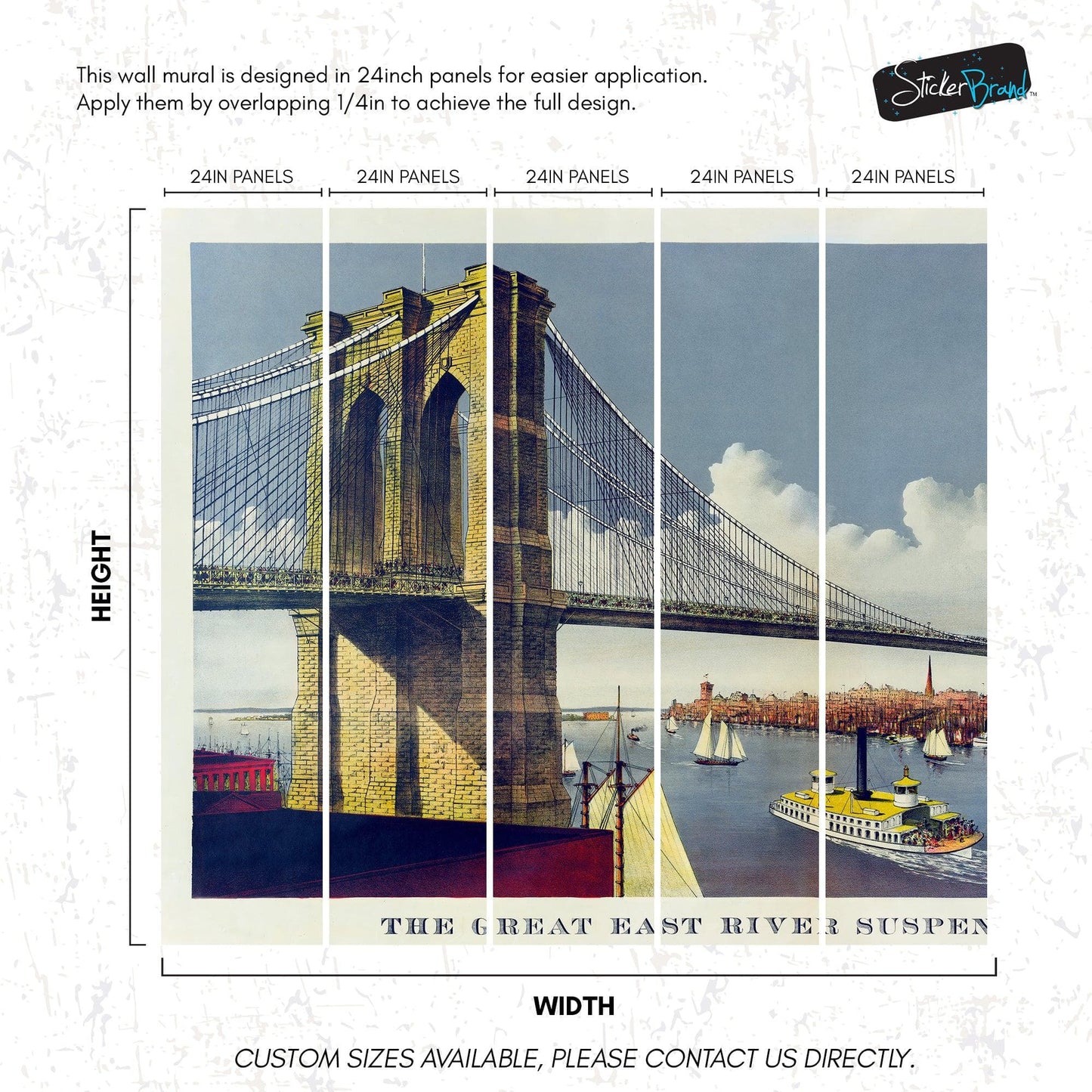 Vintage Brooklyn Bridge Illustration Wallpaper Mural - The Great East River Suspension Bridge. #6408
