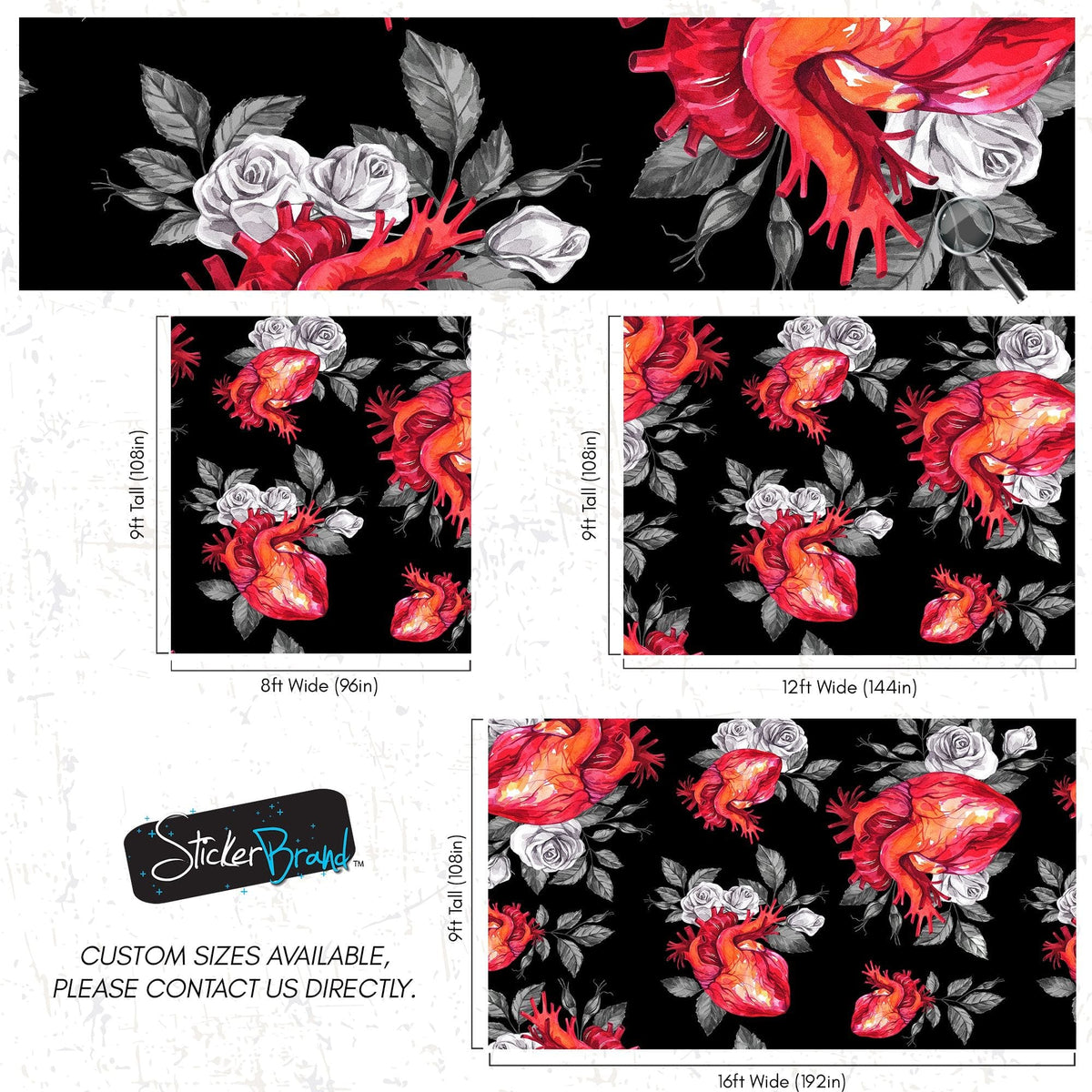 Valentines Hearts and Roses Watercolor Pattern Wall Mural. Black background. #6136