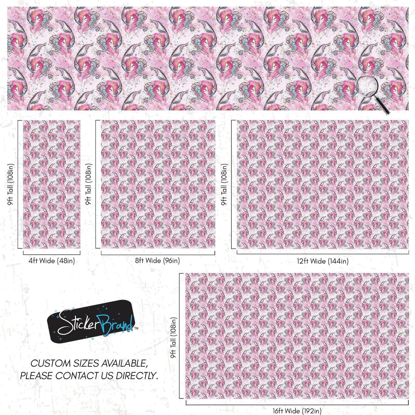 Pink Mermaid Wall Mural. Magical Cute Mermaid and Seahorse in Ocean Peel and Stick Wallpaper. #6371