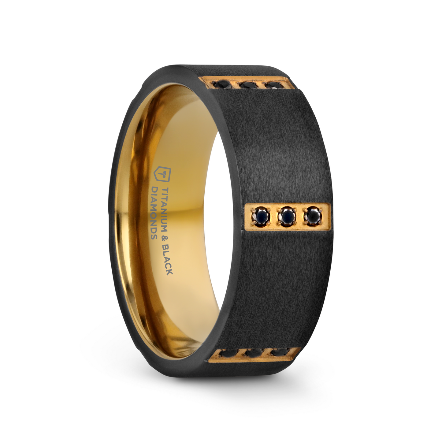 MURAMASA Flat Brushed Black Titanium Ring Gold Plated Inside with 6 Gold Plated Stainless Steel Bezels Triple Black Diamond Setting - 8mm