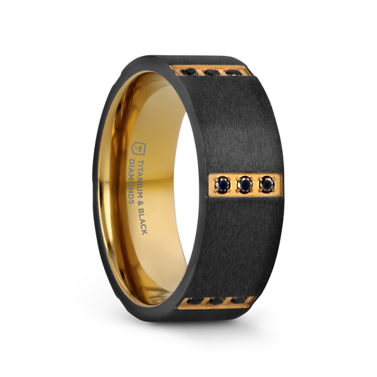 MURAMASA Flat Brushed Black Titanium Ring Gold Plated Inside with 6 Gold Plated Stainless Steel Bezels Triple Black Diamond Setting - 8mm