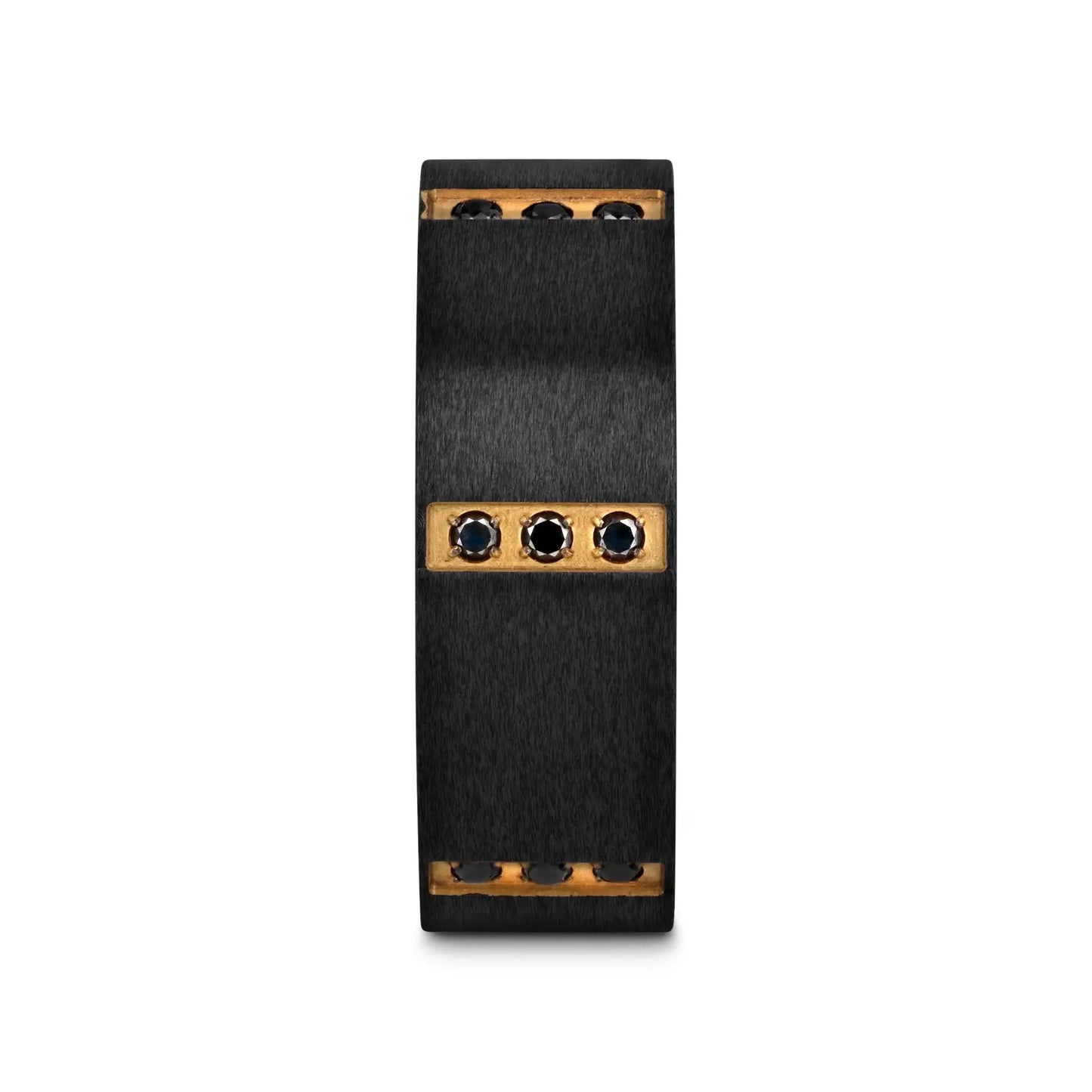 MURAMASA Flat Brushed Black Titanium Ring Gold Plated Inside with 6 Gold Plated Stainless Steel Bezels Triple Black Diamond Setting - 8mm