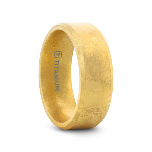 MUSE Flat Gold-Plated Titanium Ring with Beveled Edges and Meteorite Pattern, 8mm