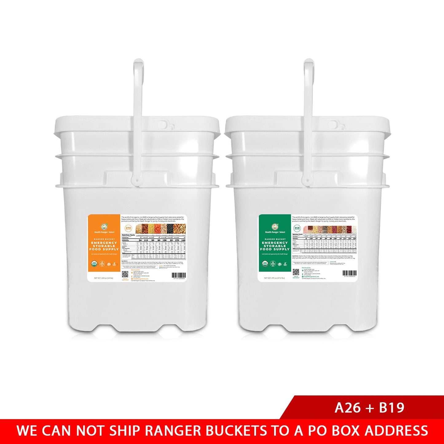 23 Days Food Supply (1 Adult) - (536 Servings) Ranger Bucket Set - Organic Emergency Storable Food Supply (A26 + B19)