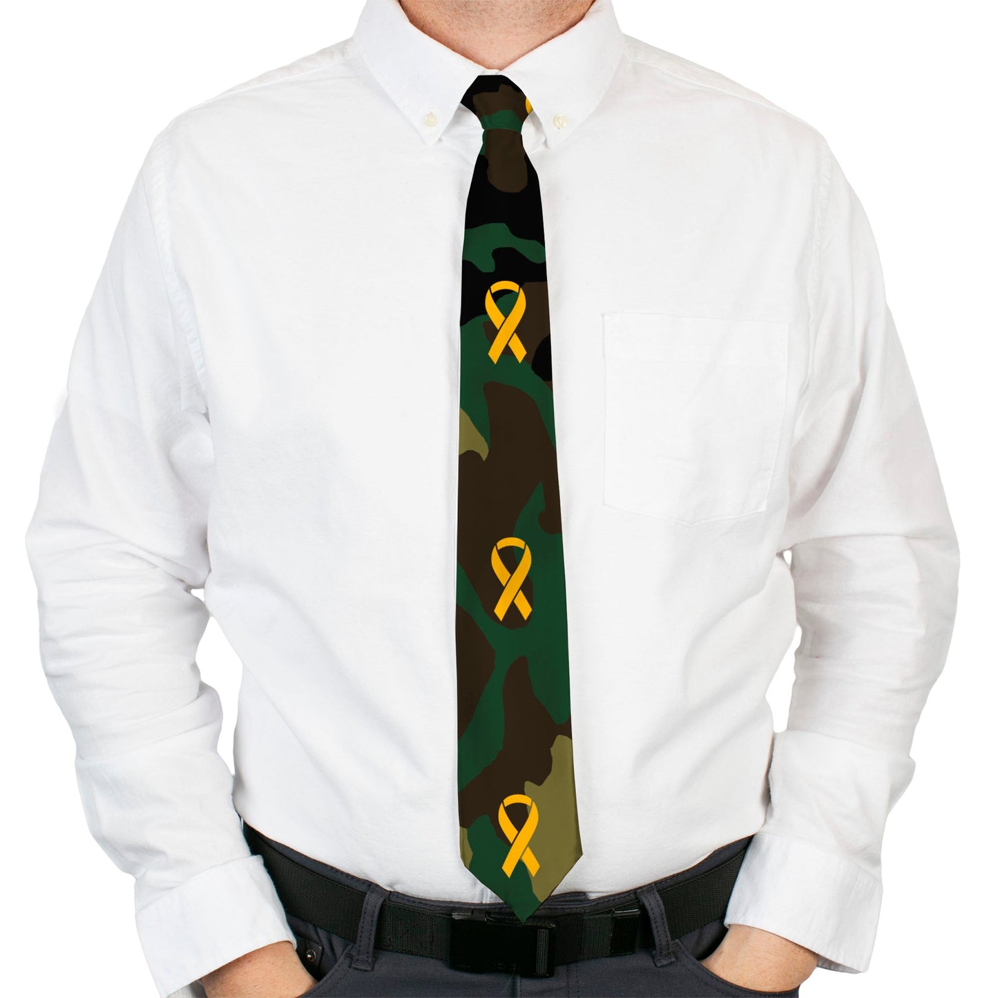 Buckle-Down Necktie - Support Our Troops Camo Olive/Yellow Ribbon