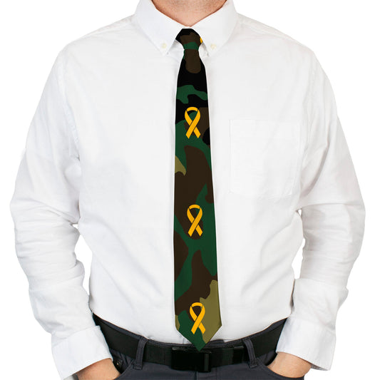 Buckle-Down Necktie - Support Our Troops Camo Olive/Yellow Ribbon