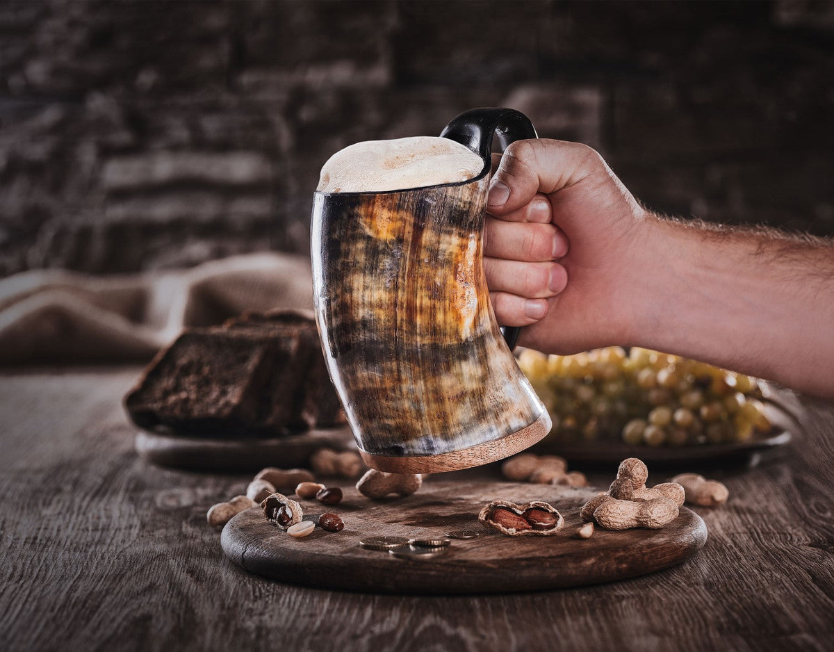 Viking Horn Tankard, Hand-Burned Norse Design