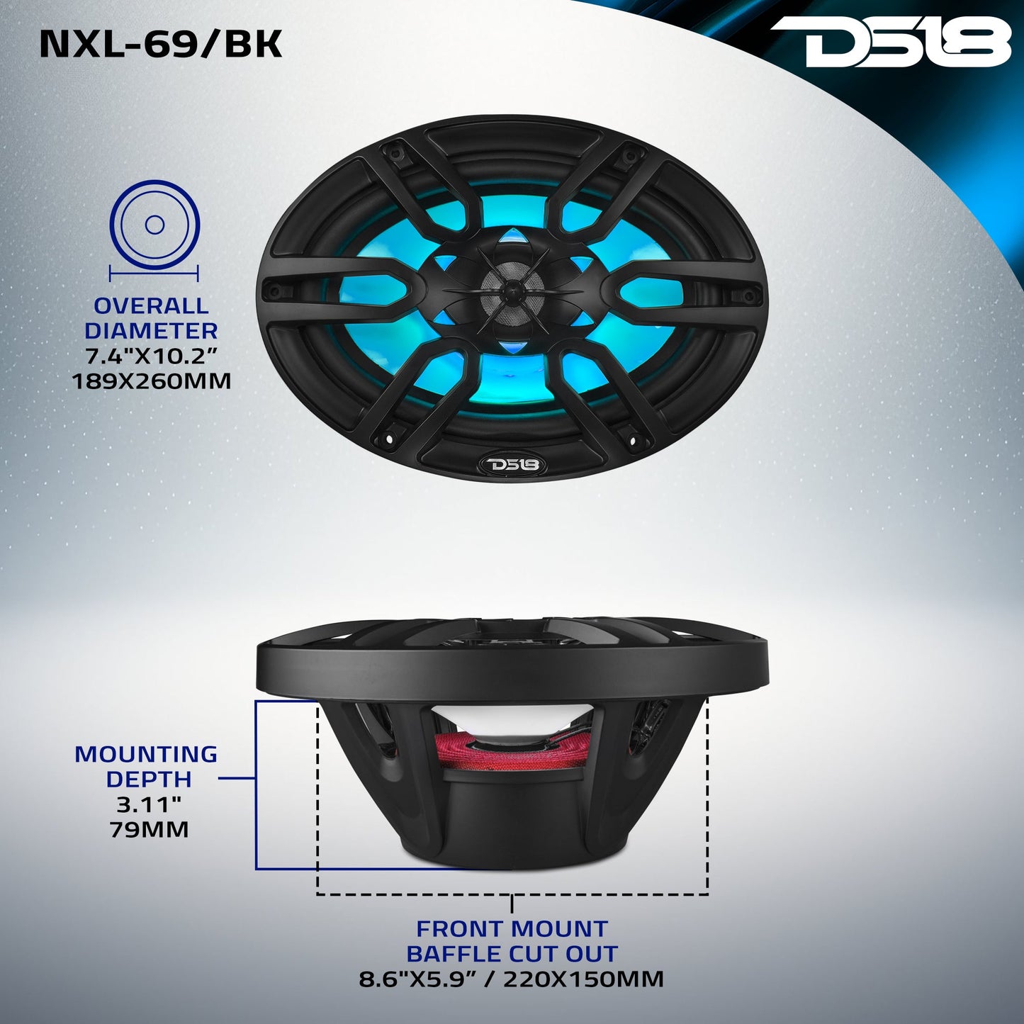 NXL 6x9" 2-Way Coaxial Marine Speaker with LED RGB Lights | 125W RMS 4-Ohm