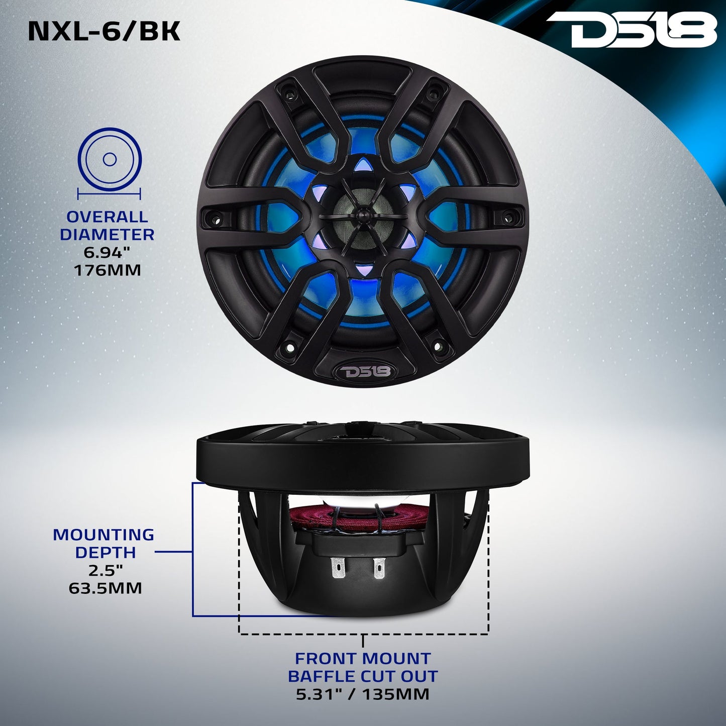 NXL 6.5" 2-Way Coaxial Marine Speaker with LED RGB Lights | 100W RMS 4-Ohm