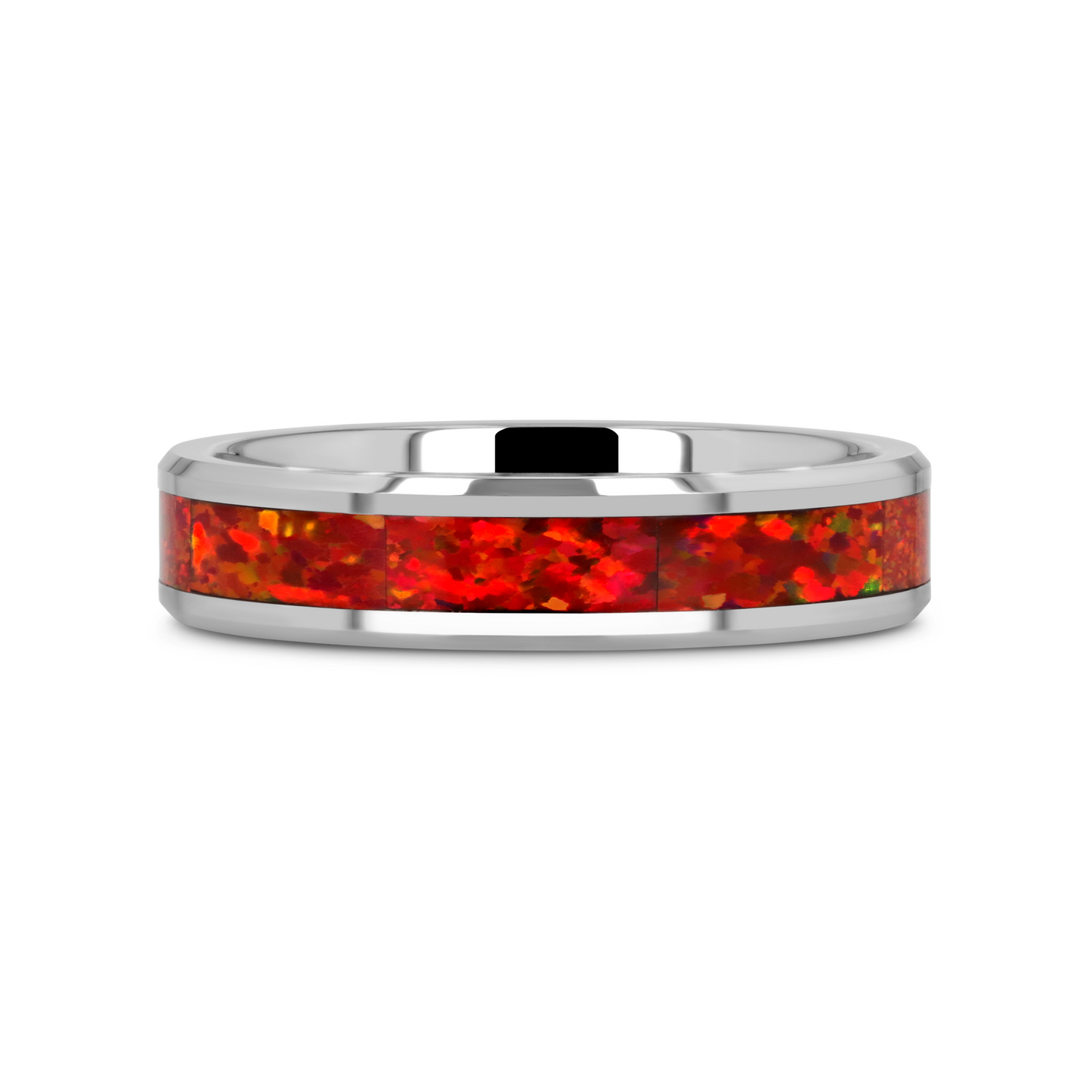 NEBULA Tungsten Wedding Band with Beveled Edges and Red Opal Inlay - 4mm - 8mm