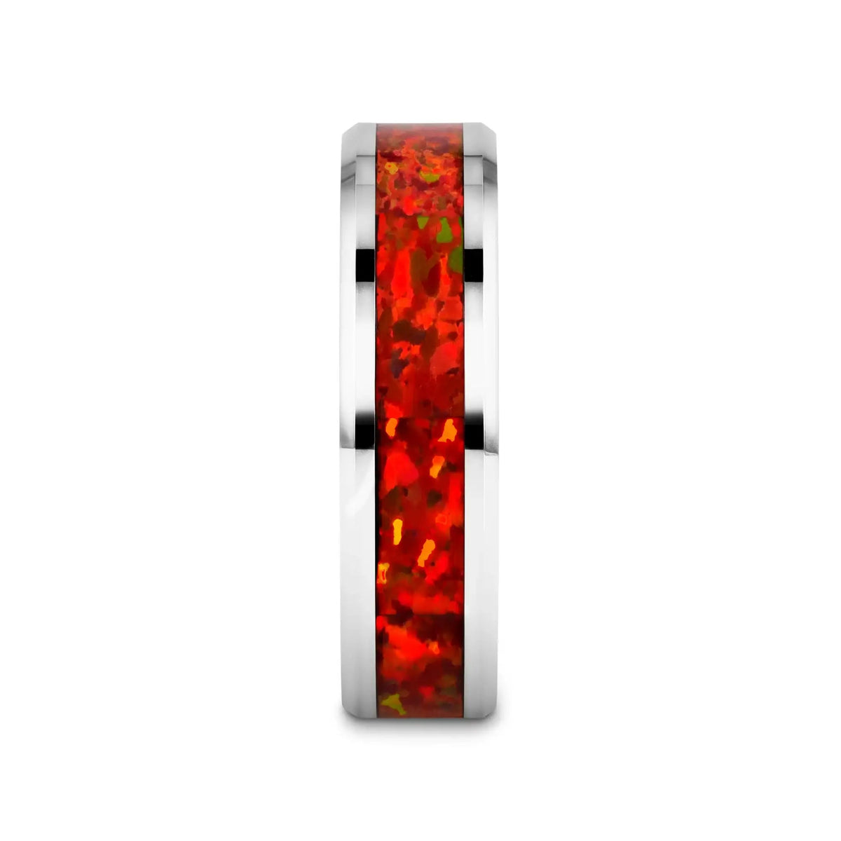 NEBULA Tungsten Wedding Band with Beveled Edges and Red Opal Inlay - 4mm - 8mm