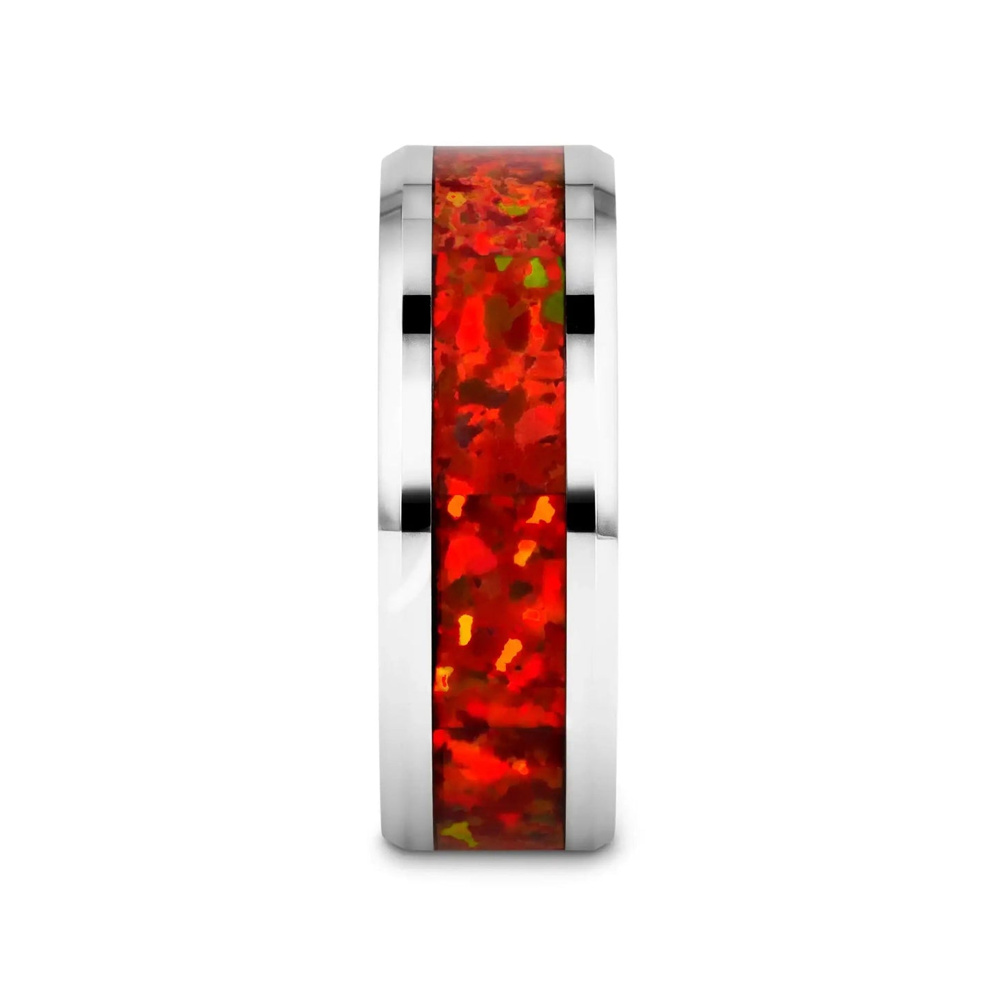 NEBULA Tungsten Wedding Band with Beveled Edges and Red Opal Inlay - 4mm - 8mm