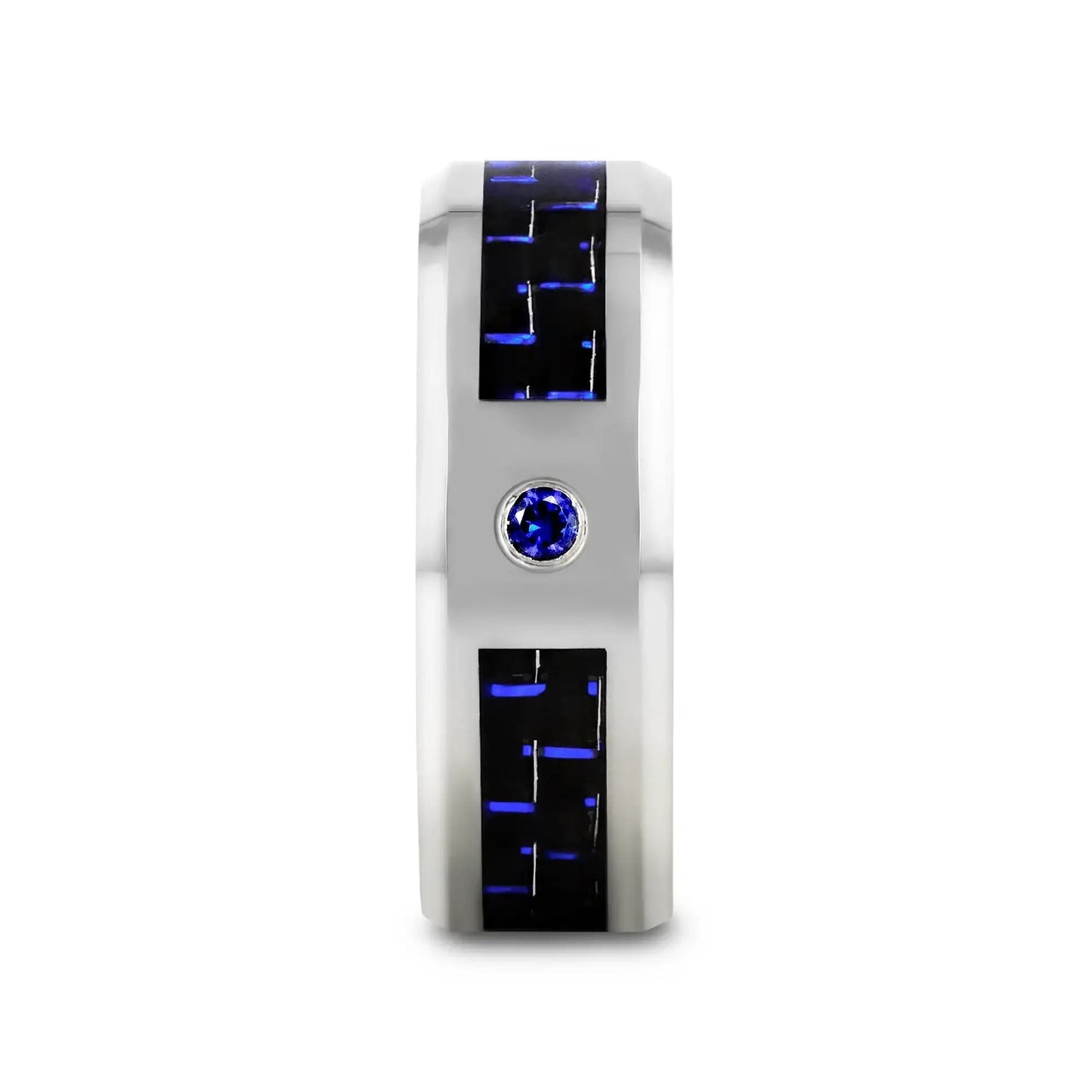 NEPTUNE Tungsten Carbide Ring with Black and Blue Carbon Fiber and Blue Sapphire Setting with Bevels - 8mm