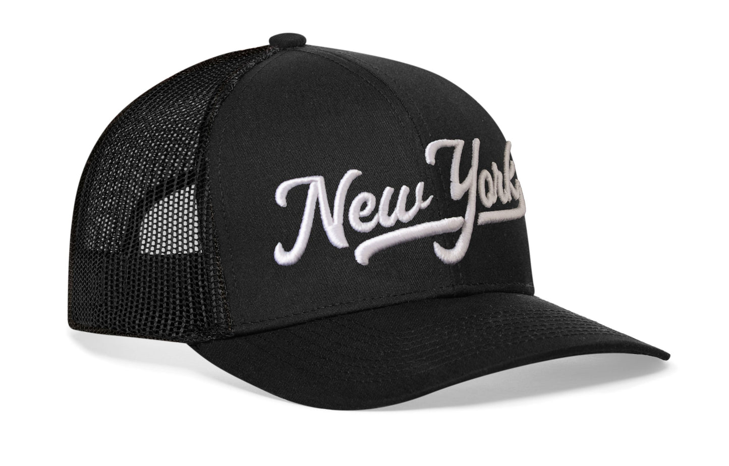 New York City White Script Trucker Hat  |  Black New York Snapback