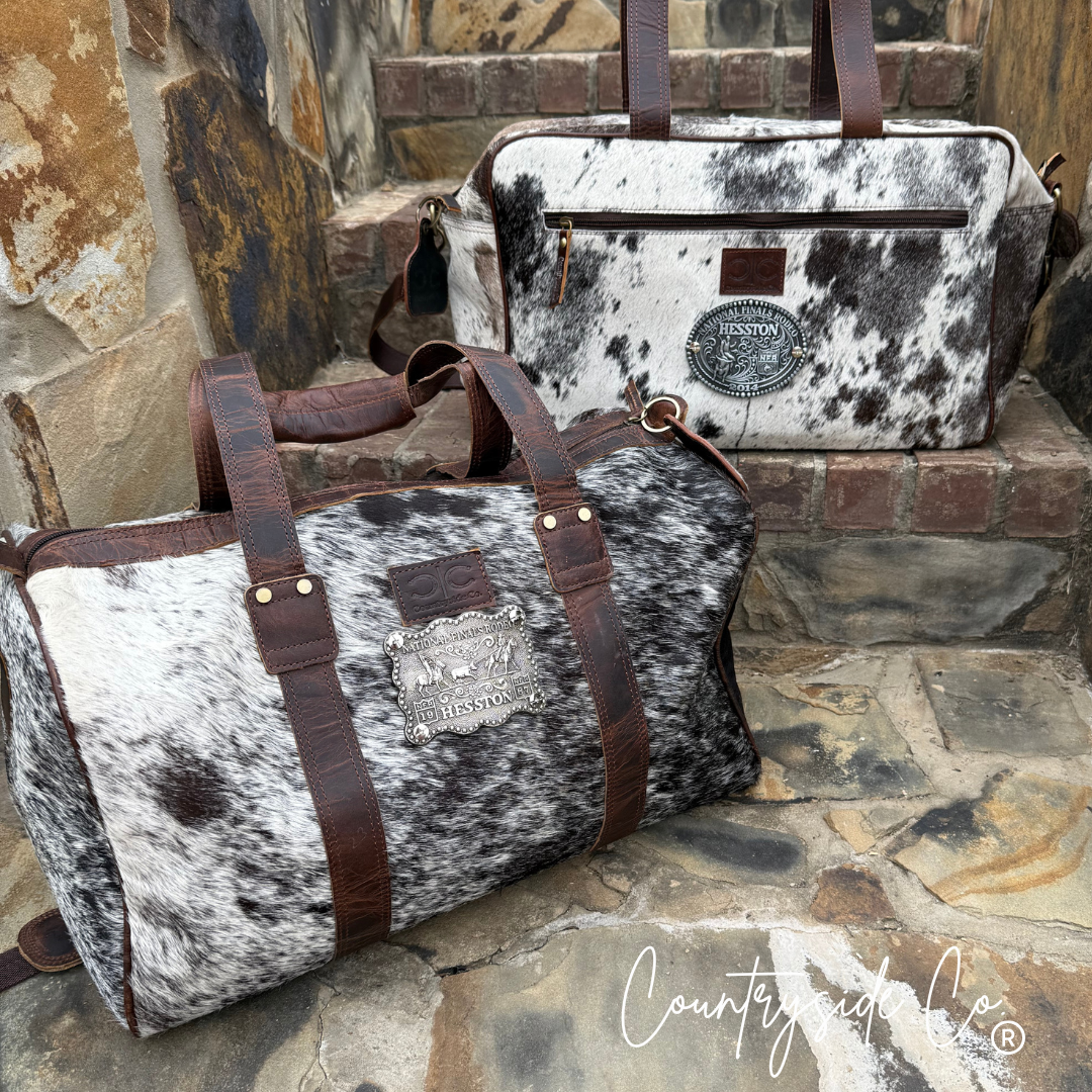Vintage NFR Buckle Carry All Cowhide Duffle Travel Bag