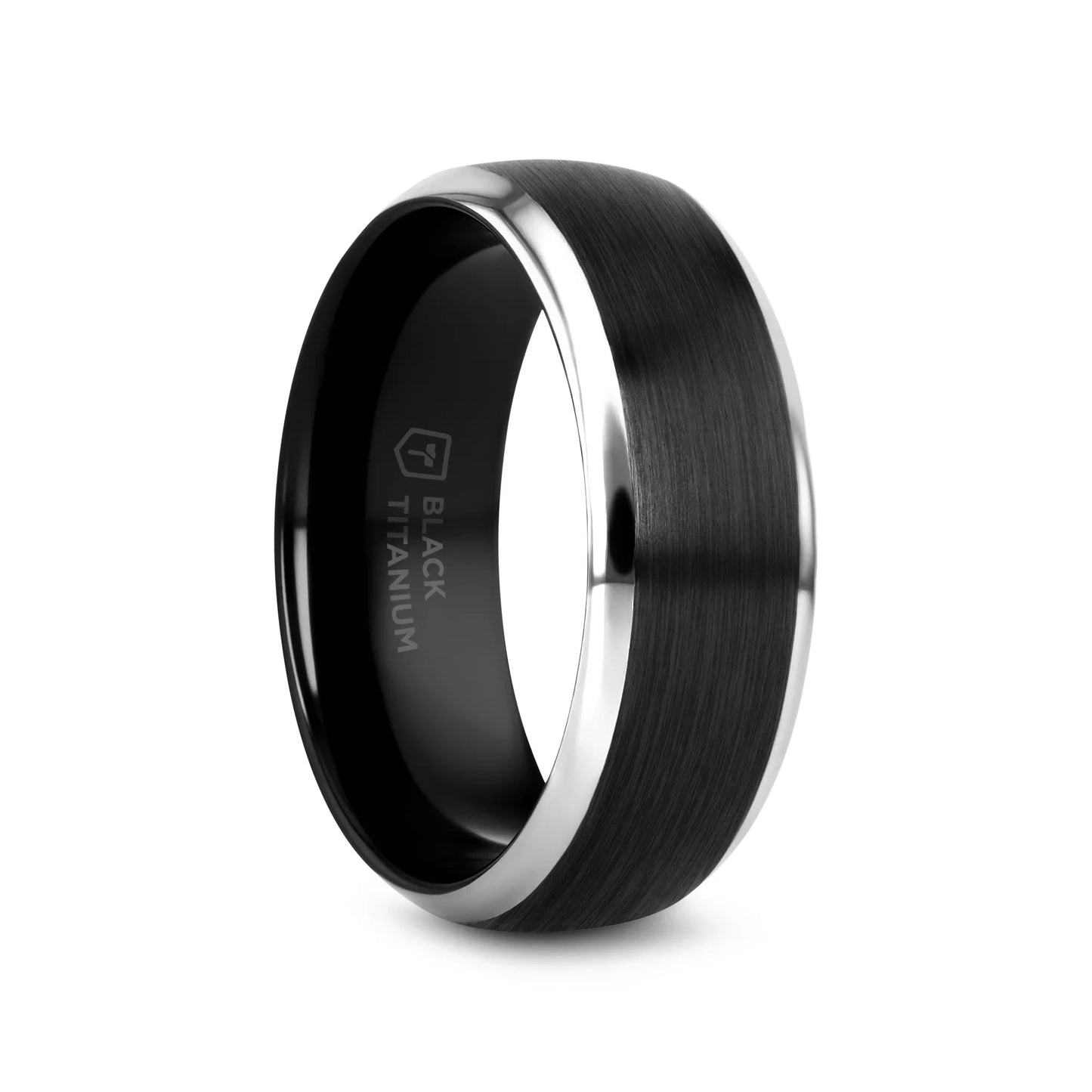 NOLAN Brushed Domed Black Titanium Wedding Band with Polished Beveled Edges - 8mm