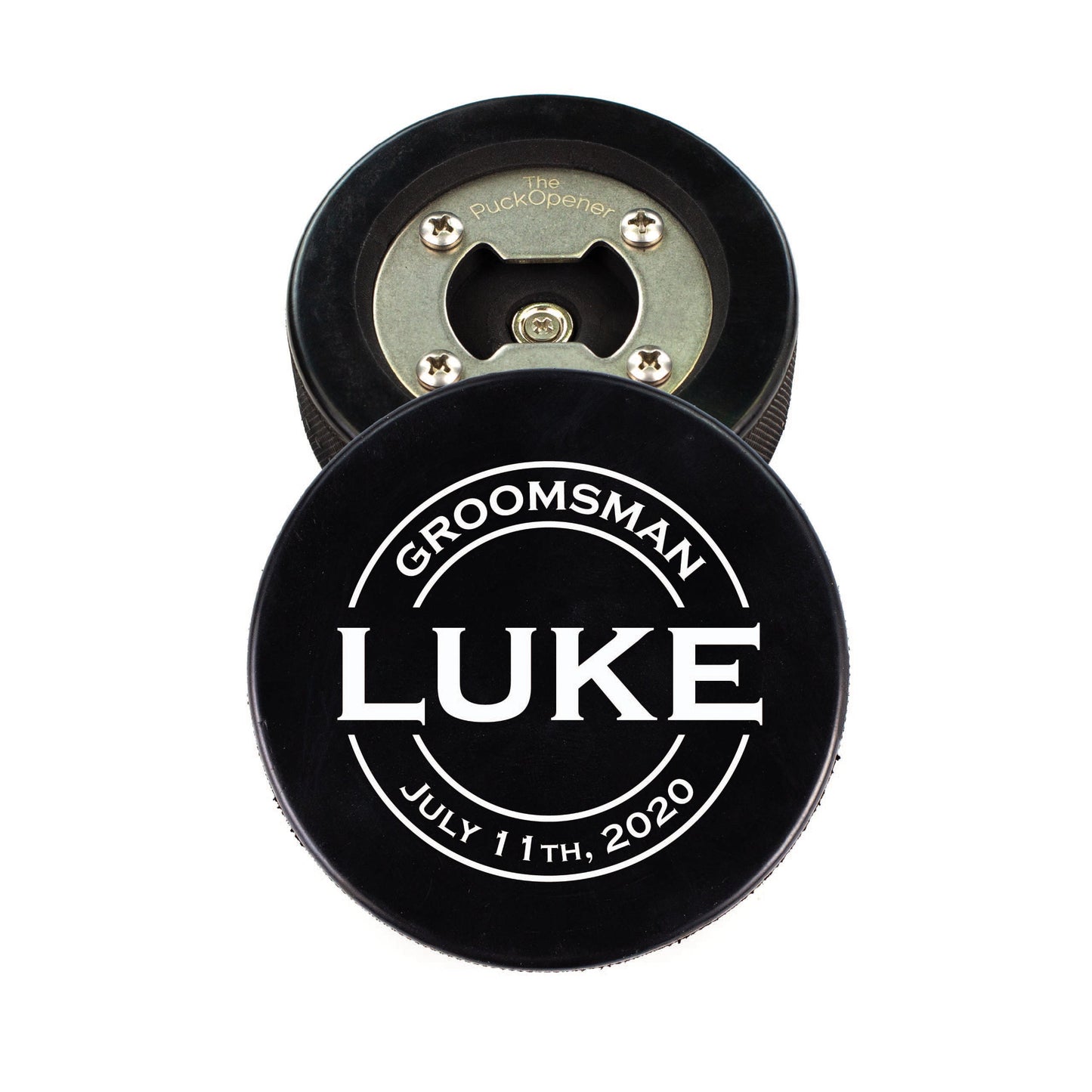 Circle Name & Wedding Party Role, Hockey Puck Bottle Opener