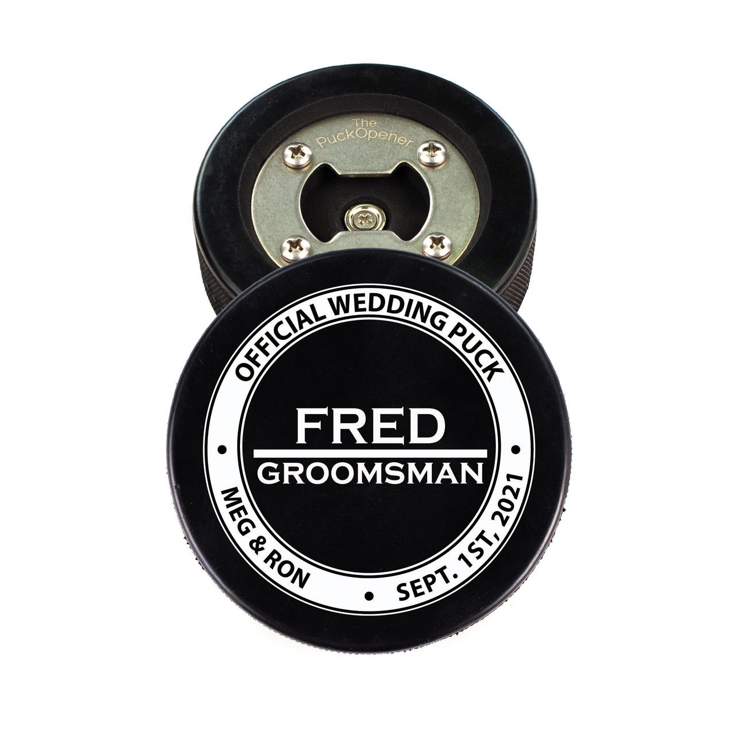 Circle Name & Wedding Party Role, Hockey Puck Bottle Opener