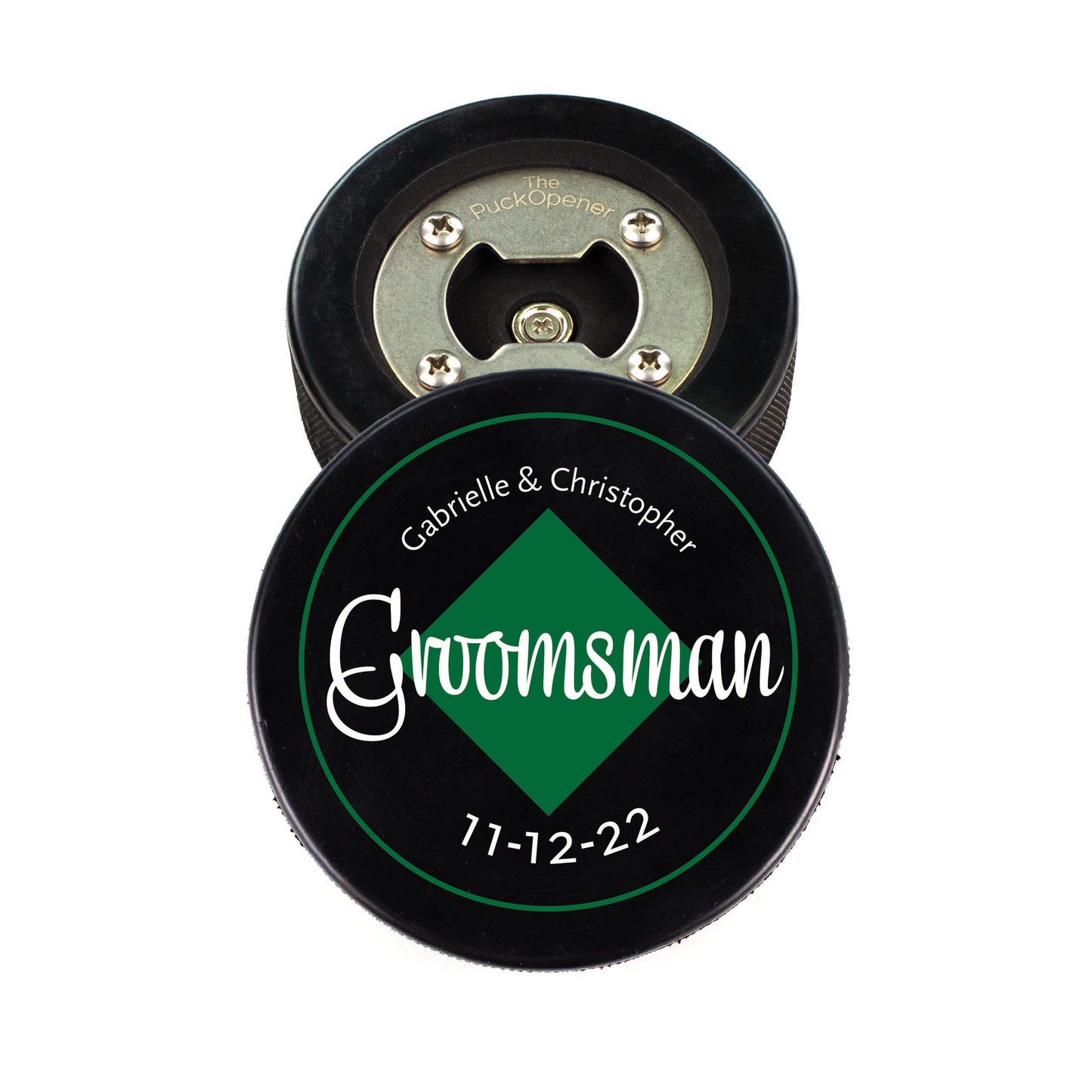 Circle Name & Wedding Party Role, Hockey Puck Bottle Opener