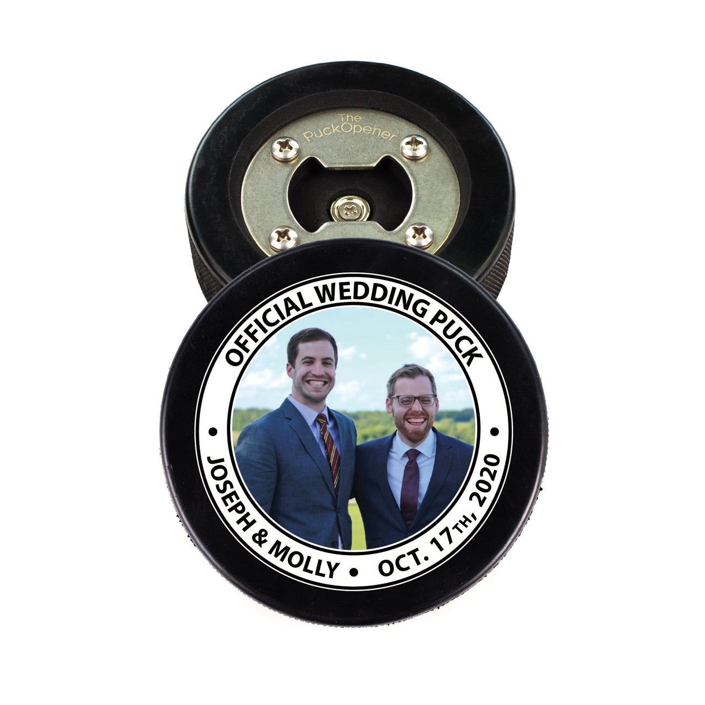 Circle Name & Wedding Party Role, Hockey Puck Bottle Opener