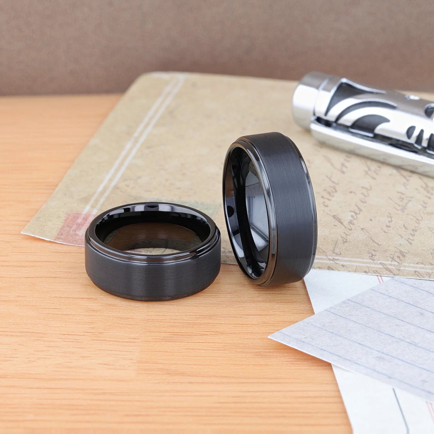 ORION Flat Black Tungsten Ring with Brushed Raised Center & Polished Step Edges - 6mm - 8mm