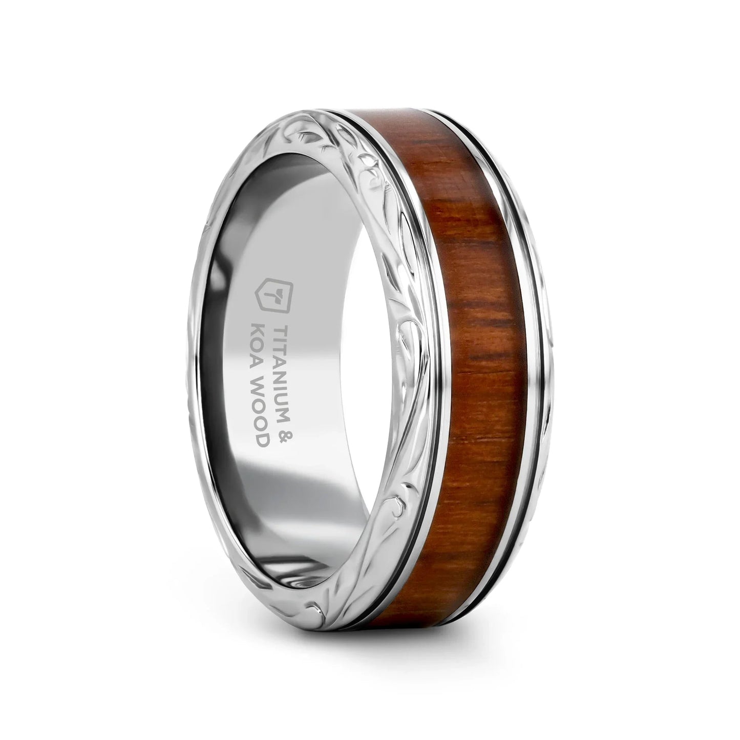 OHANA Koa Wood Inlaid Titanium Men’s Wedding Ring with Intricate Edges - 6mm - 10mm