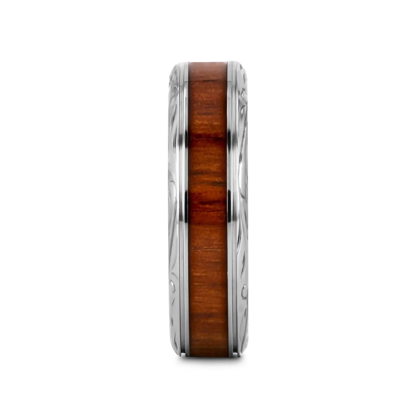 OHANA Koa Wood Inlaid Titanium Men’s Wedding Ring with Intricate Edges - 6mm - 10mm