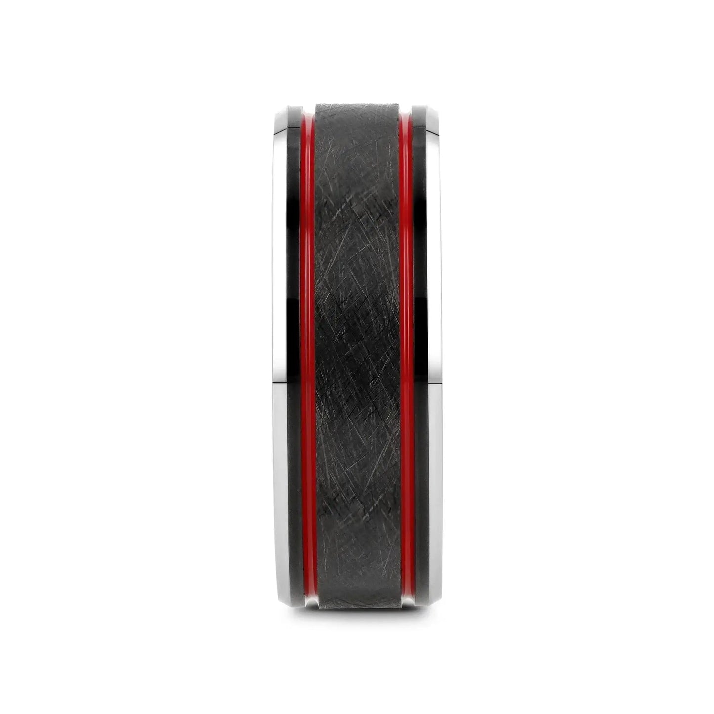 OLIS Wire Finish Black Tungsten Men’s Wedding Band with Double Red Stripes, Polished Beveled Edges – 8mm