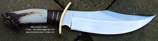 Oregon Bowie Knife - Custom Handcrafted 1095 High Carbon Steel Blade, Rosewood Handle with Brass Guard and Antler Crown, 14" Overall Length | Leather Sheath | KBS Knives