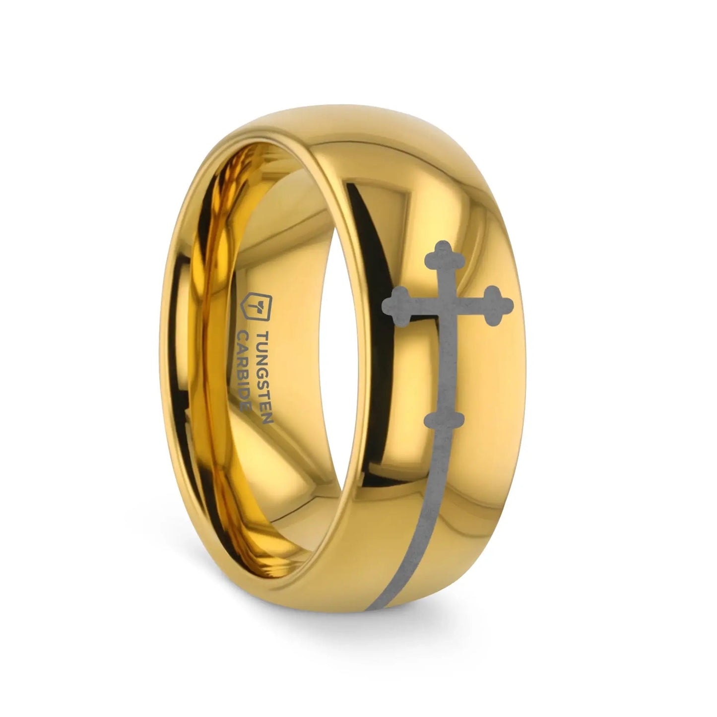 SIDEWAYS CROSS on Domed Gold Plated Tungsten Carbide Ring