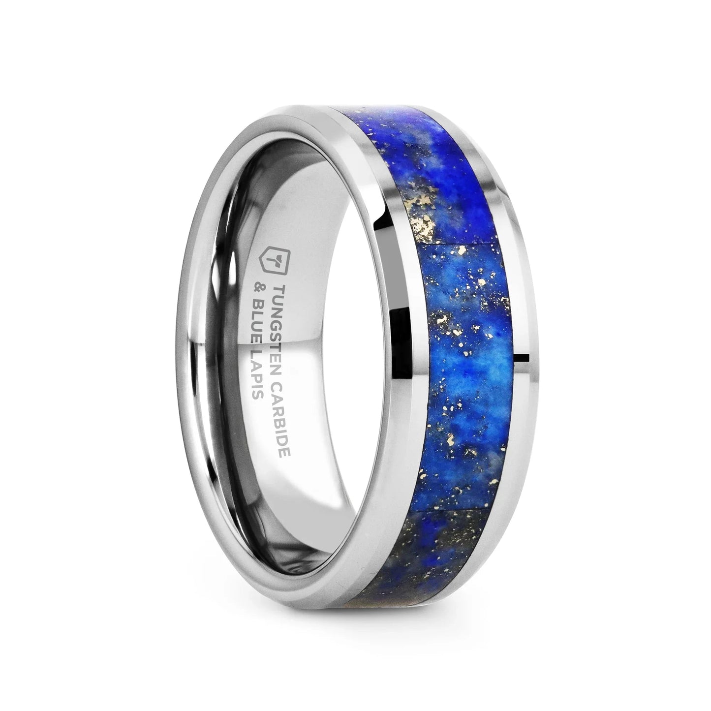 OSIAS Men’s Polished Tungsten Wedding Band with Blue Lapis Inlay & Beveled Edges - 8mm