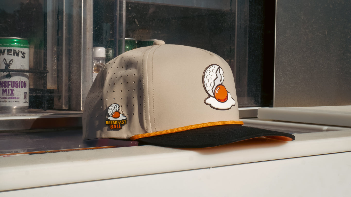 Breakfast Ball Golf Hat | Snapback Cap | Built-in Magnetic Ball Marker Holder + Marker Included | Breakfast Ball | Adjustable | Mulligan Tan