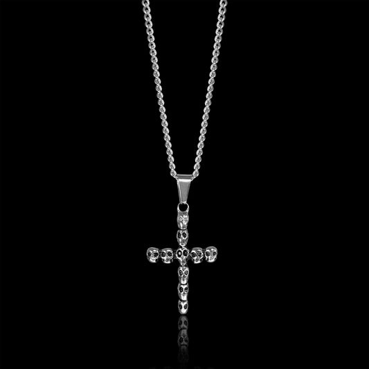 Stainless Steel Cross Of Skulls Curb Chain Necklace