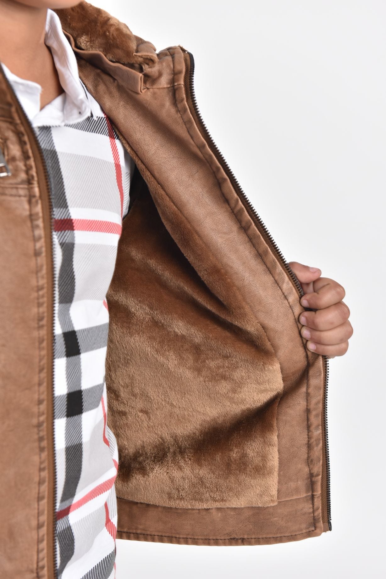 Kid's Camel Hooded Washed Biker Jacket with Fur Lining
